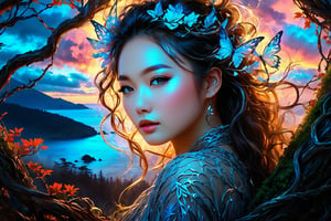 Midjourney, MJ, Midjourney style, realism, cinematic quality, painting, Moa Kikuchi A surreal, hyper-realistic portrait of Moa Kikuchi's face with piercing blue eyes, framed by twisted, gnarled tree branches that intertwine with her hair. The background is filled with dramatic, colorful clouds, creating a fairy-tale atmosphere. The overall composition evokes a sense of mysticism and harmony between humanity and nature, blending elements of earth, sky and life into a coherent, ethereal scene.,manga,Niji style,cartoon style