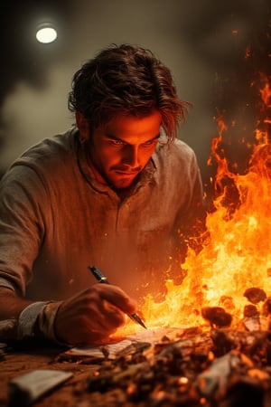 Midjourney style, illustration, Cinematic style, high fidelity, realism, chiaroscuro, play of shadow and light,
a 25 year old man writing his score on a golf scorecard while the scorecard is on fire with flames all around him,