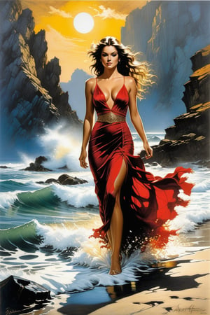 A stunning oil painting capturing the essence of the beach, featuring a bohemian woman with a voluptuous figure clad in a bold and vibrant red, gold. The dress features a plunging neckline, fashion, photo, portrait photography
this captivating image is the brainchild of esteemed artists Jim Mahfood, Henry Asencio, Greg Rutkowski, Craig Davison, Jenny Saville, Bernie Wrightson, and Frank Frazetta.,scenery,women, black pencil drawing,Charcoal drawing,colored crayons, vibrant, painting, illustration, portrait photography, dark fantasy, golden patterns, golden and black spirit, 