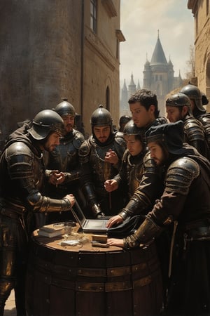 Cinema, Beauty, Realism, Light and Shadow, Cinematography, Film Stills, "Ilya Repin's painting "The Zaporozhian Cossacks". "Knights Writing a Letter to the Turkish Sultan". A group of medieval knights in full armor and period clothing are gathered around a modern laptop. They stare at the screen as if strategizing or studying something important. The setting is an outdoor scene with a castle in the background and a wooden barrel supporting the laptop. The combination of historical and modern elements creates a humorous and anachronistic atmosphere, mixing the Middle Ages with modern technology."