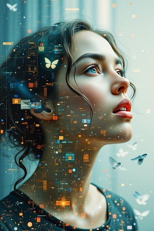 Beauty, realism, cinematography, chiaroscuro, rays of light, play of shadow and light, cinematic quality, drawing with dry chalk, Pastel, Cinematic style, 
post-apocalyptic city, broken pixel effect, tartan, double exposure, white dove in the sky, woman portrait, chiaroscuro, oil paints, extreme level of detailsquality