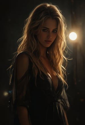 watercolor,wet on wet, paintstreaks, watercolor painting, illustration, 
(sfw), professional photoshoot, ((dark silhouette of a woman)), bright single light source behind her illuminating her blonde hair and shapely body visible through her sheer dress, [[slight grin]]