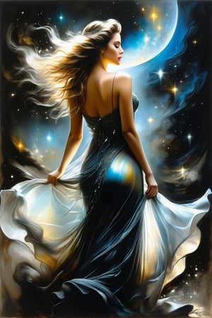 elegant style, Beautiful woman in a long translucent dress, mother of pearl, perfect face, iridescent dress, clear details, posing like a gentle goddess, surreal, soaring in the nebula, insanely detailed, glitter, sparks, muted colors, works by Ralph Blakelock, Vladimir Volegov, Jean-Baptiste Monge style, oil painting, ultra hd, realistic, bright colors, high detail, UHD drawing, pen and ink, perfect composition, beautiful, detailed, intricate, insanely detailed octane rendering, trending on artstation, 8k art photography, photorealistic concept art, soft natural volumetric cinematic light
 She invites the viewer to immerse herself in the contemplation of beauty and think about the eternal truths of existence, in the style of Bernie Wrightson, Anders Zorn, Alexi Brilo, Luis Royo,extremely detailed,dark,Charcoal drawing, black pencil drawing, 