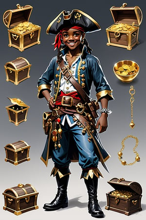 Create Pirate Pete (Inspired by Potty Scotty)
Description: A mischievous young Pan-African pirate with a wooden leg and an eye patch, grinning as he stands beside a treasure chest overflowing with jewels and gold coins. His outfit is Pan-African colorful and ragged, with a pirate hat adorned with a Jolly Roger, characters sheet with 10 full-body poses
 She invites the viewer to immerse herself in the contemplation of beauty and think about the eternal truths of existence, in the style of Bernie Wrightson, Anders Zorn, Alexi Brilo, Luis Royo