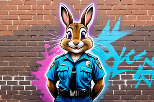 graffiti, pastel, graffiti on brick wall, spray paint on wall, colorful graffiti, street art, spray paint, street canvas, graffiti artist, graffiti art,
(best quality, masterpiece:1), furry female anthro judyhopps, portrait, police uniform, full uniform, rabbit tail, police belt, police badge, blue pants, smile, purple eyes, body fur, half-closed eyes, (detailed urban city background:1.1), 3d pixar style, sexy pose,Pastel, drawing with dry chalk