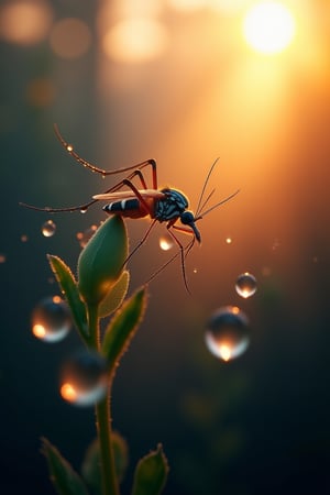 realistic detailed image, (mosquito:1.3), lilligent, [solar shimmer on dewdrops], epic, cinematic photography with sharp focus, 16k hdr, volumetric lighting, depth of field, hyperrealism of fog and haze, vibrant colors and textures, unique examples of nature , as the artist showed, very stunning landscapes