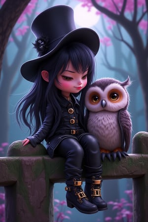 funny animals, Midjourney style, Photorealism, Cinematic style, high fidelity, realism, chiaroscuro, play of shadow and light, rays of light.
A whimsical, gothic, and kawaii style art scene featuring a cute little girl with messy long hair sitting on the fence with her fluffy owl beside her. She wears a top hat, styled by Artgerm, leather pants, buckled boots. The color palette includes purples, pinks, blacks, green and lavenders, with touches of white. She has marbled lipstick. The setting is magical and enchanting, like a moonlit forest or mystical castle, reminiscent of Anton Semenov's work.

