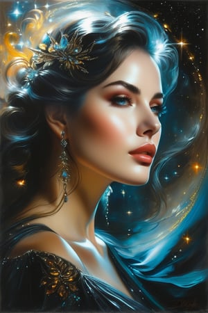 elegant style, Beautiful woman in a long dress, mother of pearl, perfect face, iridescent dress, clear details, posing like a gentle goddess, surreal, floating in the nebula, insanely detailed, glitter, sparks, muted colors, works by Ralph Blakelock, Vladimir Volegov, Jean-Baptiste Monge style, oil painting, ultra hd, realistic, bright colors, high detail, UHD drawing, pen and ink, perfect composition, beautiful, detailed, intricate, insanely detailed octane rendering, trending on artstation, 8k art photography, photorealistic concept art, soft natural volumetric cinematic light
 She invites the viewer to immerse herself in the contemplation of beauty and think about the eternal truths of existence, in the style of Bernie Wrightson, Anders Zorn, Alexi Brilo, Luis Royo,extremely detailed,dark,Charcoal drawing, black pencil drawing, 