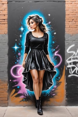 graffiti, pastel, graffiti on brick wall, spray paint on wall, colorful graffiti, street art, cowboy shot, 8_up, 7_up, 6_up furry, mouse, woman, black dress, claws, looking at viewer, cute, bottom view, aesthetic, dramatic angle, night, darkness, stars,Pastel, drawing with dry chalk, black pencil drawing