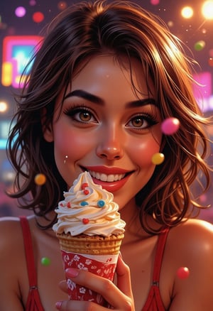 Beauty, masterpiece, realism, hyperrealism, super HD, illustration, Comic Book Style, grunge style, in style of comic book, Midjourney style
(masterpiece, best quality, very detailed, bright colors, saturation), cute, adorable, smiling girl eating ice cream, candies flying all around her, Pixar, disnet, cinema lighting, gaming, 8k, magic, love 