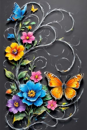 Colourful flowers, butterflies and birds emerge from between coils of barbed wire, #Pastel, #crayons on paper, #chalk shading