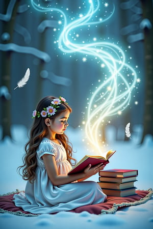 Midjourney style, cinematic style, high quality, realism, chiaroscuro, still film, realism, 
A serene and enchanting scene featuring a young girl sitting on a cushion in a snowy landscape, reading a magical book. The girl has long, flowing hair adorned with delicate flowers and is dressed in a simple, elegant white dress. As she reads, a stream of glowing, ethereal light swirls from the book, forming a mesmerizing, colorful vortex filled with twinkling stars and sparkles. Nearby, more books are stacked, and a feather gently floats in the air.




 
  

  




 
  

  
