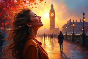 Abstract Lighting Effects, Midjourney Style, Photorealism, Cinematic, High Fidelity, Realism, Light Play,
This conceptual oil painting captures a radiant woman's smile brimming with joy and warmth, her face illuminated by the glow of a sunlit park. The background features the iconic silhouette of Big Ben, hinting at London's bustling streets. The composition is rendered on silked cardboard using a palette knife, with bold strokes and textured brushwork creating depth and dimension. Vivid colors pop against the rain-soaked ground below, inviting viewers to share in the woman's moment of delight as she strolls through the urban landscape, offering a fleeting yet timeless glimpse of beauty., conceptual art, painting




