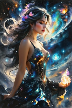 elegant style, Beautiful woman in a long dress, mother of pearl, perfect face, iridescent dress, clear details, posing like a gentle goddess, surreal, floating in the nebula, insanely detailed, glitter, sparks, muted colors, works by Ralph Blakelock, Vladimir Volegov, Jean-Baptiste Monge style, oil painting, ultra hd, realistic, bright colors, high detail, UHD drawing, pen and ink, perfect composition, beautiful, detailed, intricate, insanely detailed octane rendering, trending on artstation, 8k art photography, photorealistic concept art, soft natural volumetric cinematic light
 She invites the viewer to immerse herself in the contemplation of beauty and think about the eternal truths of existence, in the style of Bernie Wrightson, Anders Zorn, Alexi Brilo, Luis Royo,extremely detailed,dark,Charcoal drawing, black pencil drawing, 