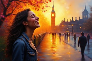 Abstract Lighting Effects, Midjourney Style, Photorealism, Cinematic, High Fidelity, Realism, Light Play,
This conceptual oil painting captures a radiant woman's smile brimming with joy and warmth, her face illuminated by the glow of a sunlit park. The background features the iconic silhouette of Big Ben, hinting at London's bustling streets. The composition is rendered on silked cardboard using a palette knife, with bold strokes and textured brushwork creating depth and dimension. Vivid colors pop against the rain-soaked ground below, inviting viewers to share in the woman's moment of delight as she strolls through the urban landscape, offering a fleeting yet timeless glimpse of beauty., conceptual art, painting




