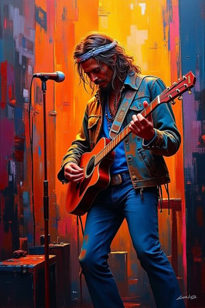 Beauty, realism, cinematography, chiaroscuro, rays of light, play of shadow and light, cinematic quality, Cinematic style, 
a acrylic painting of a hippy man in jeans playing a guitar, art by Xavier Blum Pinto, art by Keos Masons, textured impasto, thick and heavy strokes, (paint drips:0.45)

