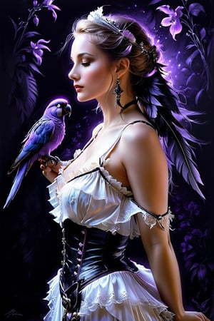  Sketch, In the midst of a moonlit night, a beautiful female pirate poses with confidence. As her silhouette stands against the black background
a radiant parrot with shimmering pastel purple phosphorescence sits gracefully on her shoulder, emanating a soothing glow. art by Andrey Atroshenko,
Black and white art, black pencil shading, charcoal drawing, toned paper, pencil drawing, 