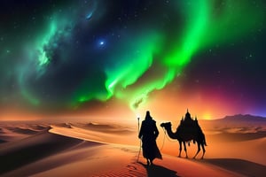 Midjourney, MJ, Midjourney style, a group of camel travelers in traditional Arabian robes survey a vast desert at night as a (((creepy genie: 1.5))) desert erupts from a sandstorm, Aladdin's lamp, green light pulsates in the sky, ethereal, spectral, gorgeous yet terrifying, the scene is captured in dimly lit dark fantasy yet vibrant colors, with thick ink lines defining the form against a watercolor wash of old paper, Art by Giovanni Boldini, Andrey Atroshenko, Tanya Shatseva, Ross Tran, Anna Razumovskaya, poster, manga, anime