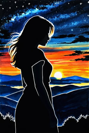 Charcoal drawing, crayons, silhouette,1girl, outdoors, night, night sky, sunset, lanscape,women