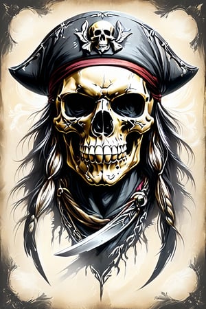 Pastel,  pencil drawing, drawing with dry chalk, 
A beautifully ornate 2D skull emblem. The skull is adorned with intricate, swirling patterns and detailed embellishments. Encircling the skull is an elegant, decorative ring. Behind the skull, two crossed sabers add a touch of pirate flair. The skull wears a bandana, adding to its menacing look, and clenched between its teeth is a thick cigar, with wisps of smoke curling upwards. The entire design should be richly detailed, with attention paid to the textures and intricacies of the patterns and elements. gold details
