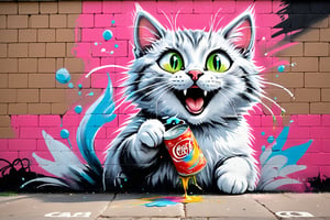 Graffiti, pastel. A vibrant street mural on a brick wall featuring a cartoonish, mischievous cat with white hair. The cat is holding a can of paint and spraying it. The cat has an exaggerated, joyful expression and is smiling widely. The background is a mix of graffiti-style elements and splashes of color, highlighting the atmosphere of urban street art.

