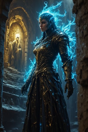 Midjourney style, Cinematic style, high fidelity, realism, chiaroscuro,
(in gainax style:1.4), (masterpiece, sharp focus:1.2), BREAK (A female spectral knight emerging from the ruins of an ancient cathedral, their armor glowing with ghostly blue flames, depicted in a style with low-key lighting, ethereal glow, decayed stone textures:1.1), BREAK (A vivid gold-painted icon of a saint on an intact section of a wall, illuminated by the faint flickering of spectral lights, set against the backdrop of a crumbling cathedral:1.4), (art by Gainax:1.4), (elaborately detailed attire with extraordinary elements and headdress:1.1), (hyperdetailed:1.1), (intricate details:1.0), (Refined details:1.1), (best quality:1.1), (high resolution:1.2), (very stylish detailed medieval haircut, mesmerizing detailed radiant face, mesmerizing detailed beautiful eyes:1.2)