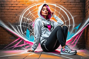 graffiti, pastel, graffiti on brick wall, spray paint on wall, colorful graffiti, street art, Spider Gwen lying in white web hammock, Spider Gwen outfit, skyscraper roof, seductive, hoodie, tight clothes, sneakers, attractive body, sunset, glow, fantasy, magical,Charcoal drawing,Pastel, drawing with dry chalk