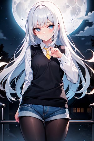 one girl,white hair, long hair, long bangs,sky blue eyes,beautiful eyes,perfect body,black shirt long sleeves,white sweater vest,long yellow tie,shorts (denim texture),black pantyhose,shy pose, in a park,night,full moon,povbathinfront,SushangV4