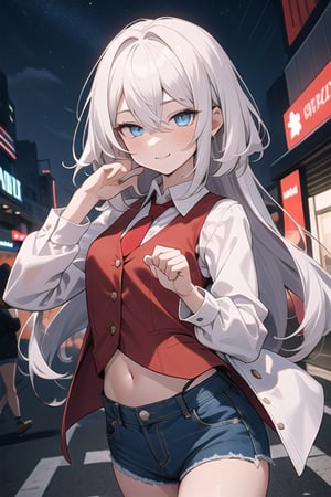 one girl,white hair, long hair,hair between eyes, long bangs,sky blue eyes,beautiful eyes,bright eyes,perfect body,white shirt long sleeves into black sleeveless vest,red tie,red shorts(denim texture),happiness pose,close mout,in a mall,night