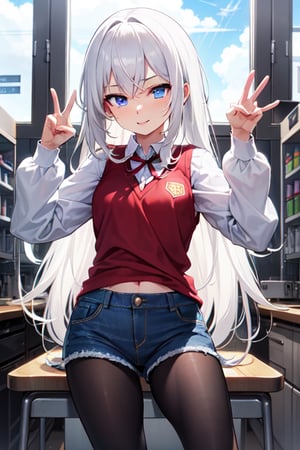 one girl,white hair, long hair, long bangs,sky blue eyes,beautiful eyes,perfect body,black school vest long sleeves,red shorts (denim texture),black pantyhose,happiness pose, in a laboratory room,povbathinfront
