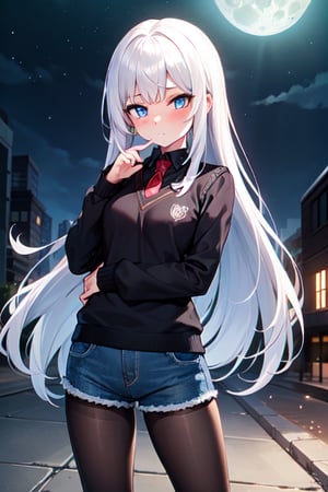 one girl,white hair, long hair, long bangs,sky blue eyes,beautiful eyes,perfect body,black shirt long sleeves,red sweater vest,long blue tie,shorts (denim texture),black pantyhose,shy pose, in a park,night,full moon,povbathinfront,SushangV4