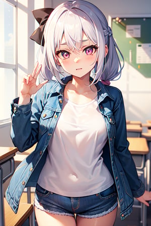 one girl,white hair, long hair,pony tail tied into blue ribbon,long bangs,pink eyes, beautiful eyes,perfect body, white t-shirt into a open denim jacket long sleeves,pink shorts(denim texture),shy pose, in school room