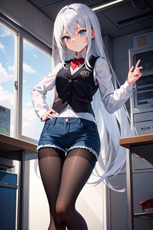 one girl,white hair, long hair, long bangs,sky blue eyes,beautiful eyes,perfect body,black school vest long sleeves,red shorts (denim texture),black pantyhose,standing pose, in a laboratory room,povbathinfront