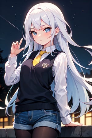 one girl,white hair, long hair, long bangs,sky blue eyes,beautiful eyes,perfect body,white shirt long sleeves,black sweater vest,long yellow tie,shorts (denim texture),black pantyhose,shy pose, in a park,night,full moon,povbathinfront