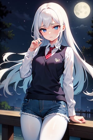 one girl,white hair, long hair, long bangs,sky blue eyes,beautiful eyes,perfect body,white shirt long sleeves,navy blue sweater vest,long red tie,shorts (denim texture),black pantyhose,shy pose, in a park,night,full moon,povbathinfront,SushangV4