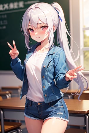aa1,loly,white hair, long hair,pony tail tied into blue ribbon,long bangs,pink eyes, beautiful eyes,perfect body, white t-shirt into a open denim jacket long sleeves,pink shorts(denim texture),embarrassed pose, in school room