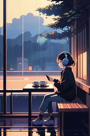 lofi anime, 1 girl,Wearing headphone street fashion, sitting in coffee shop, rainy days, windows,lofi style,Pixel Art,lofi,flat design,illustration