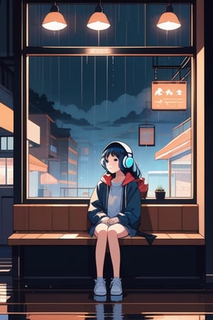 lofi anime, 1 girl,Wearing headphone street fashion, sitting in coffee shop, rainy days, windows,lofi style,Pixel Art,lofi,flat design,illustration