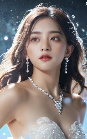 best quality,masterpiece,highres,cg,1girl,long hair,white ,redress,water,solo,jewelry,earrings,hair ornament,splashing,upper body,longhair ,white hair,lighting,candid,Photograph,high resolution,Bokeh,gh3a, korean girl