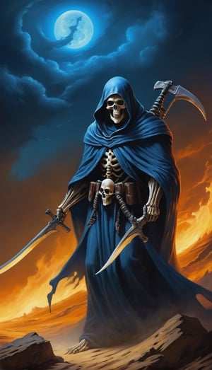 (masterpieces, hdr, high contrast, a reaper painting in blue colour with high quality not holding any weapons
