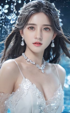 best quality,masterpiece,highres,cg,1girl,long hair,white ,redress,water,solo,jewelry,earrings,hair ornament,splashing,upper body,longhair ,white hair,lighting,candid,Photograph,high resolution,Bokeh,gh3a, korean girl