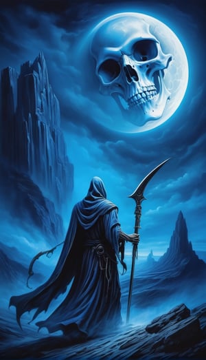 (masterpieces, hdr, high contrast, a reaper painting in blue colour with high quality not holding any weapons
