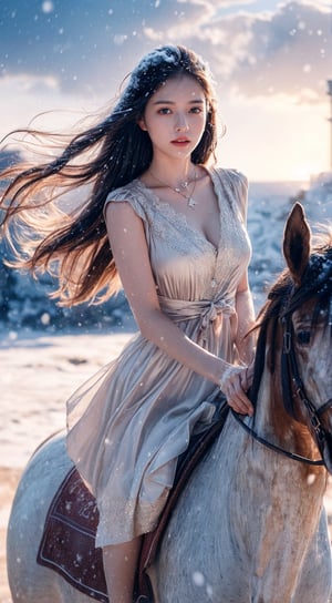 masutepiece, best quality, ultra-detailed, fine, high resolution, 8K wallpaper, perfect dynamic composition, natural color lips, (wearing European style, luxury necklace: 1.3), (long hair: 1.3), (drawing action: snow scene The girl here wants to ride a brown horse), long hair blown by the wind, 20 years, cowboy_shot, bathing in the sunset