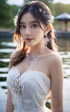 best quality,masterpiece,highres,cg,1girl,long hair,white ,redress,water,solo,jewelry,earrings,hair ornament,splashing,upper body,longhair ,white hair,lighting,candid,Photograph,high resolution,Bokeh,gh3a, korean girl