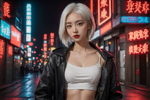 a young asian woman with white hair poses near city neon sign, 1girl, lucy (cyberpunk), solo, white shorts, shorts, breasts, red lips, looking at viewer, jacket, cyberpunk,Detailedface,xxmix_girl,LinkGirl,cyberpunk style