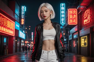 a young asian woman with white hair poses near city neon sign, 1girl, lucy (cyberpunk), solo, white shorts, shorts, breasts, red lips, looking at viewer, jacket, cyberpunk,Detailedface,xxmix_girl,LinkGirl,cyberpunk style