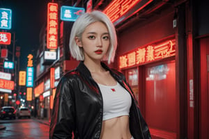 a young asian woman with white hair poses near city neon sign, 1girl, lucy (cyberpunk), solo, white shorts, shorts, breasts, red lips, looking at viewer, jacket, cyberpunk,Detailedface,xxmix_girl,LinkGirl,cyberpunk style