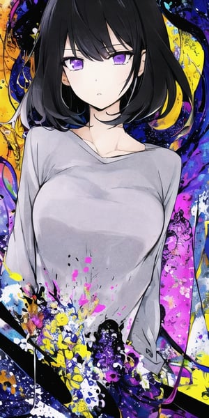 masterpiece, best quality, 1girl, upper body, shirt, black hair, purple eyes, abstract