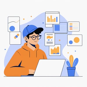 no background, ((no-line-stickers)), modern, minimalistic, dynamic nevy blue colours, profile photo avatar of a boy with a cap and wearing glasses working in his laptop,no other elements, Flat illustration