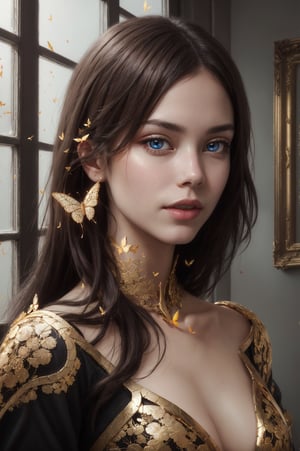 8k portrait of beautiful cyborg with brown hair, intricate, elegant, highly detailed, majestic, digital photography, art by artgerm and ruan jia and greg rutkowski surreal painting gold butterfly filigree, broken glass, (masterpiece, sidelighting, finely detailed beautiful eyes: 1.2), hdr, (detailed background window to a new dimension, plants and flowers:0.7),